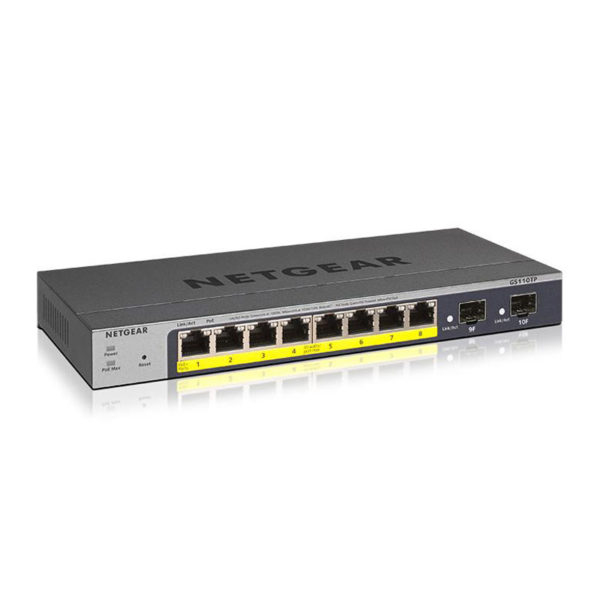 Switch Netgear GS110TP - Smart Web manageable Pro 8 ports Gigabit PoE+ avec 2 ports SFP et gestion du cloud (55 W)